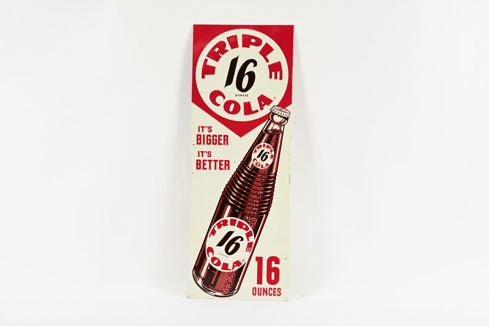 TRIPLE COLA 16 OUNCES EMB.TIN VERTICLE BOTTLE SIGN: TRIPLE COLA 16 OUNCES EMBOSSED TIN VERTICLE BOTTLE SIGN MARKED PERMANENT SIGN & DISPLAY COMPANY READING, PENN NEW OLD STOCK CONDITION NEVER HUNG SHOWS SOME SURFACE SCRATCHES IN FIELD MINOR PAINT