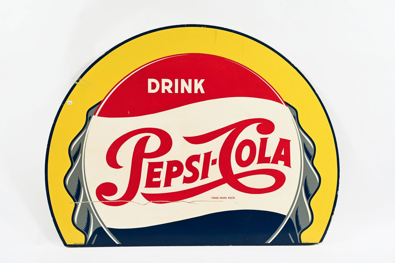 1954 DRINK PEPSI-COLA MASONITE BOTTLE CAP SIGN: 1954 DRINK PEPSI-COLA MASONITE BOTTLE CAP SIGN MARKED S.T.M.S. CO-09-54 NICE EXAMPLE OF A WAR TIME PEPSI BOTTLE CAP SIGN GREAT GRAPHICS WITH STRONG COLOURS LINE OF PAINT LOSS AT BOTTOM OF SCRIPT 