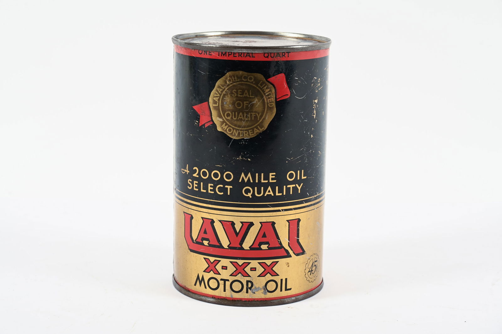 RARE LAVAL X-X-X 45 CENT MOTOR OIL IMPERIAL QT CAN: RARE LAVAL X-X-X 45 CENT MOTOR OIL IMPERIAL QUART CAN LAVAL OIL CO. LIMITED, MONTREAL SHOWS SOME SURFACE WEAR AND PAINT LOSS THROUGHOUT CAN HAS BEEN REROLLED NEW TOP AND BOTTOM