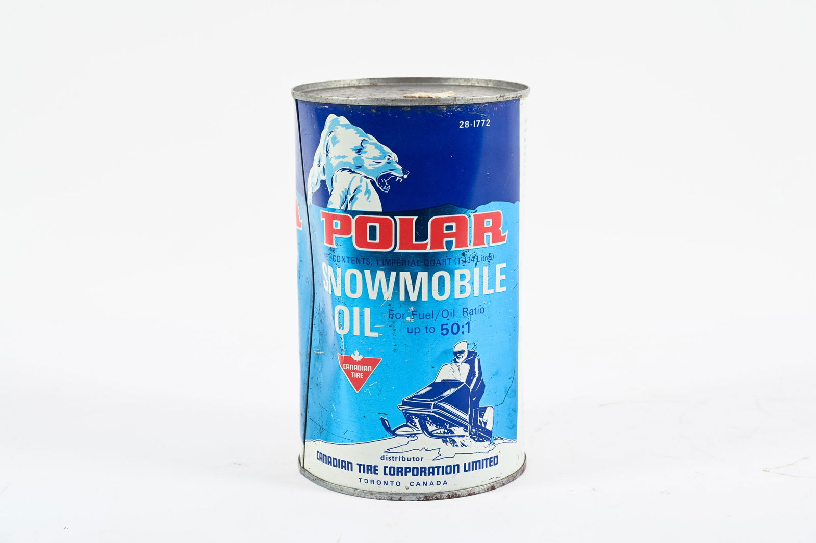 CTC POLAR SNOWMOBILE OIL IMPERIAL QUART CAN: CTC POLAR SNOWMOBILE OIL IMPERIAL QUART CAN CANADIAN TIRE CORPORATION LIMITED, TORONTO ONE OF THE HARDER TO FIND CANADIAN TIRE CANS DISPLAYS WELL WITH SOME SURFACE WEAR AND MINOR PAINT LOSS DENTING