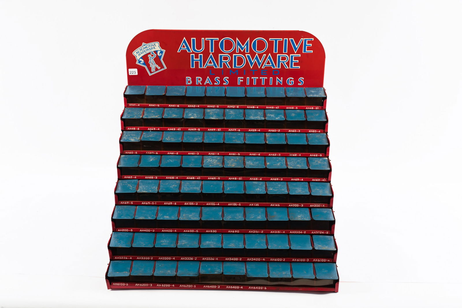 AUTOMOTIVE HARDWARE COUNTERTOP PARTS CABINET: AUTOMOTIVE HARDWARE BRASS FITTINGS COUNTERTOP PARTS CABINET AUTOMOTIVE HARDWARE LIMITED OVERALL GOOD CONDITION SHOWS SOME WEAR AND OXIDATION ON LIDS 23"X17"X22"