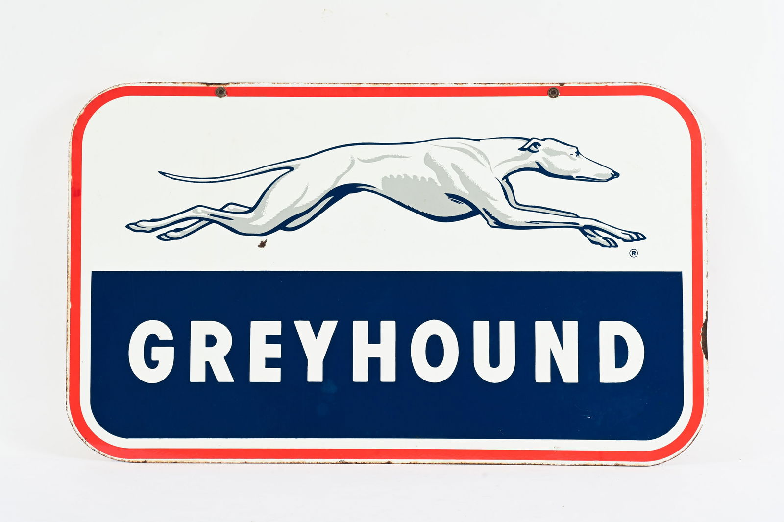 GREYHOUND DOUBLE SIDED PORCELAIN HANGER SIGN: GREYHOUND DOUBLE SIDED PORCELAIN HANGER SIGN NOT MARKED EXCELLENT COLOURS AND GLOSS ON BOTH SIDES BOTH FIELDS IN NEAR MINT CONDITION WITH ONE CHIP OF PORCELAIN LOSS ON EACH PORCELAIN LOSS TO