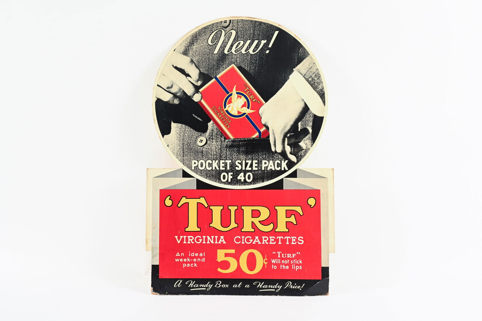TURF VIRGINIA CIGARETTES CARDBOARD EASEL BACK SIGN: TURF VIRGINIA CIGARETTES 50 CENTS CARDBOARD EASEL BACK SIGN NOT MARKED GREAT GRAPHICS WITH STRONG COLOURS SHOWS SOME WEAR TO THE BOTTOM SECTION WITH WATER DAMAGE ON BACKSIDE SOFT EDGES AT BOTTOM