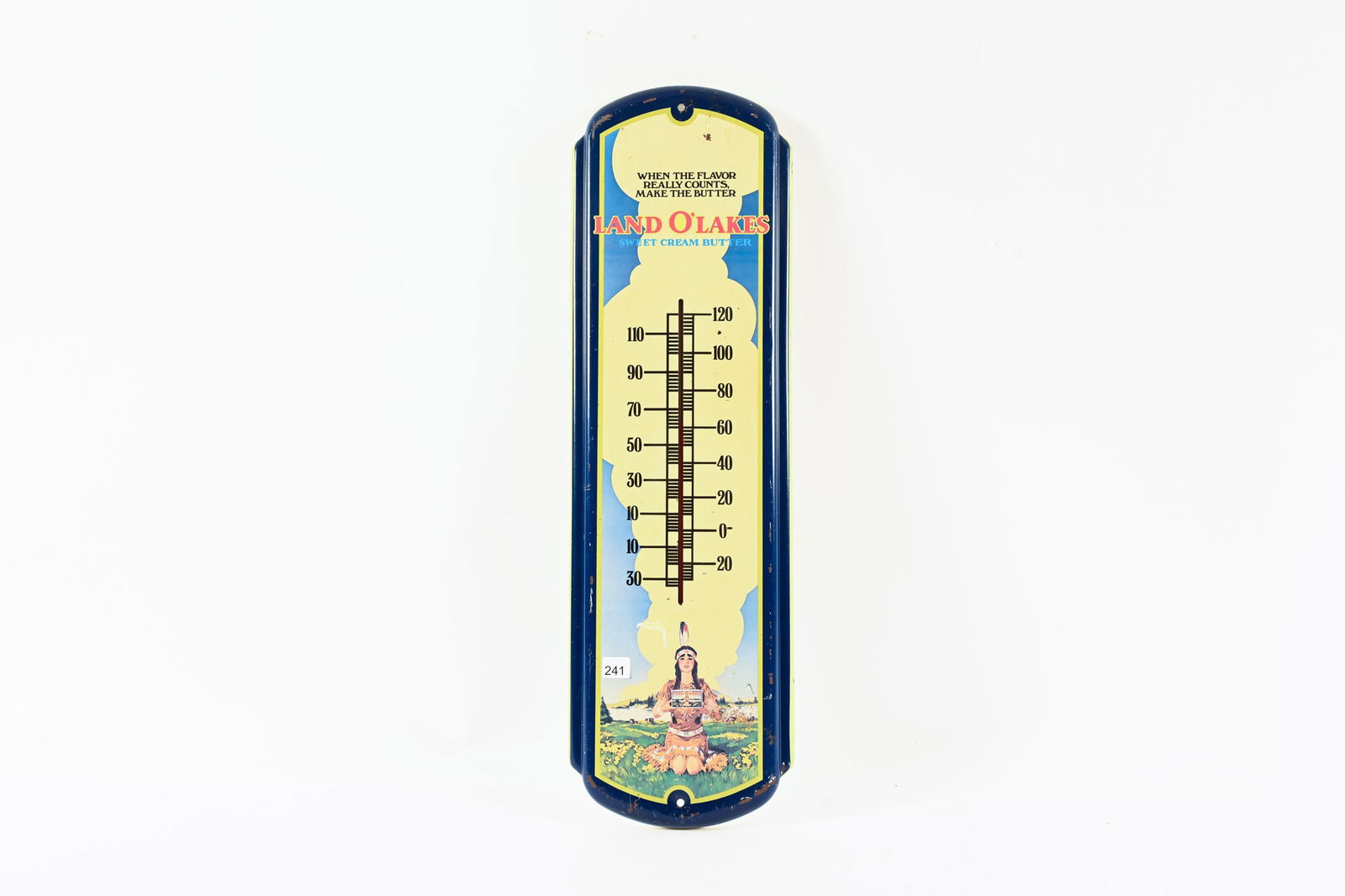 LAND O'LAKES SWEET CREAM BUTTER TIN THERMOMETER: LAND O'LAKES SWEET CREAM BUTTER TIN THERMOMETER NOT MARKED GOOD COLOURS WITH WORKING TUBE SHOWS SOME WEAR AND PAINT LOSS PAINT LOSS MOST EVIDENT AT EDGES 8"X27" *ALL ITEMS GUARANTEED AUTHENTIC