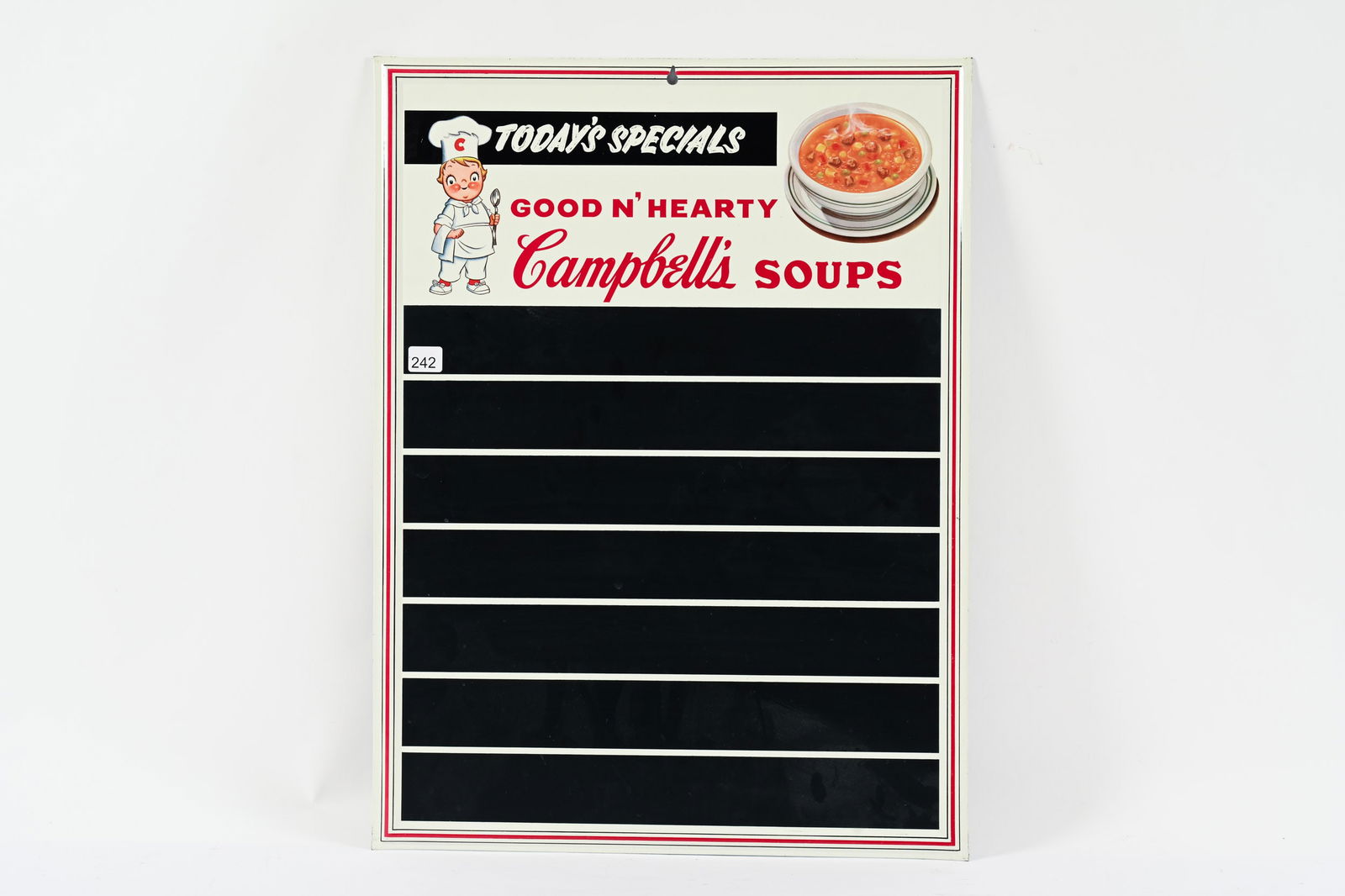 CAMPBELL'S SOUP TIN MENU CHALKBOARD: CAMPBELL'S SOUP "TODAY'S SPECIALS" TIN MENU CHALKBOARD MARKED PARKER METAL DEC CO. SELF FRAMED EDGE NEW OLD STOCK CONDITION 17.5"X23.5" *ALL ITEMS GUARANTEED AUTHENTIC BY SHACKELTON AUCTIONS