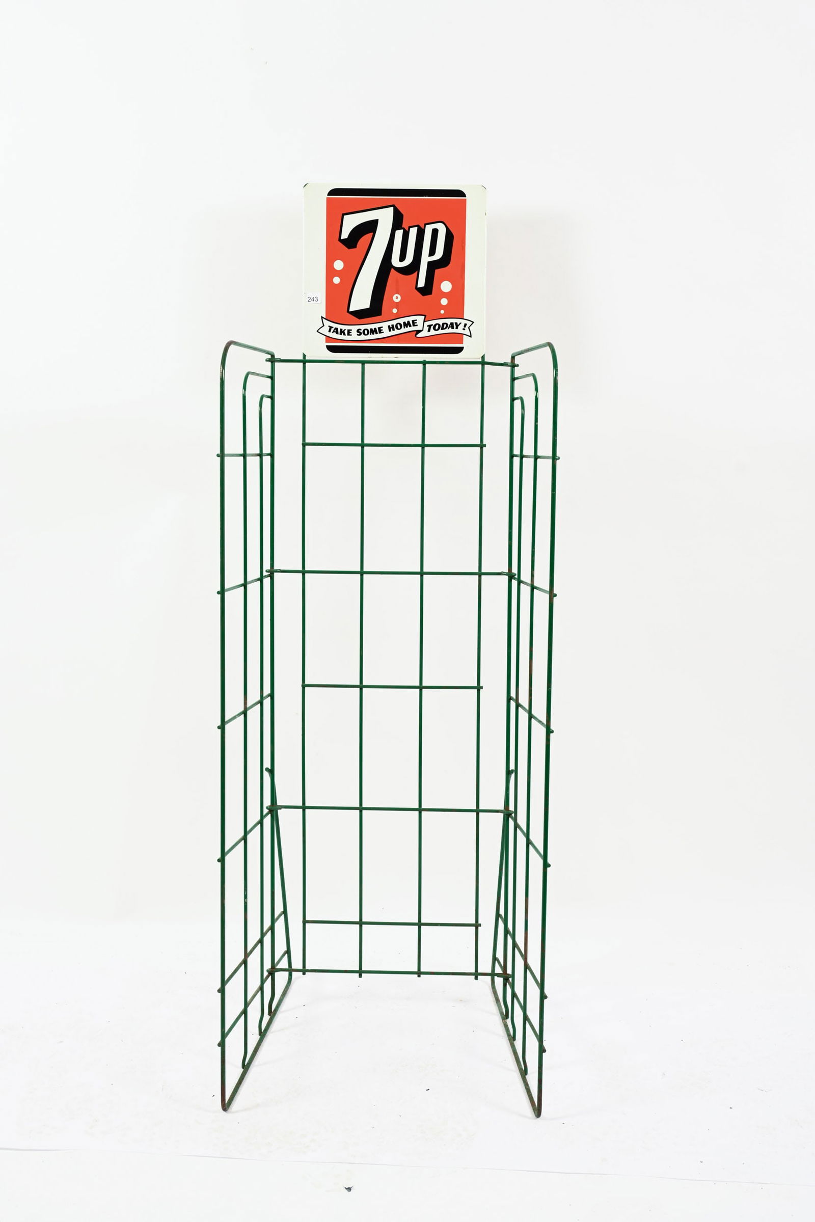 7UP "TAKE SOME HOME TODAY" WIRE BOTTLE RACK: 7UP "TAKE SOME HOME TODAY" WIRE BOTTLE RACK MARKED IND. WIRE & SPEC CO. SST RACK SIGN IN GOOD CONDITION WITH MINOR WEAR 12"X13" WIRE RACK MISSING SHELVES 17"X17"X59"