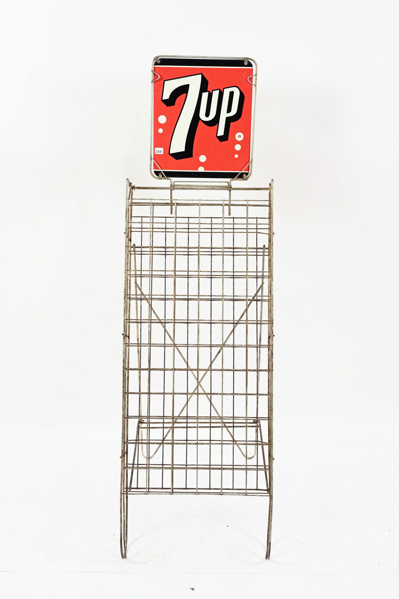 7UP WIRE BOTTLE RETURN RACK: 7UP WIRE BOTTLE RETURN RACK EMBOSSED SST RACK SIGN IN GOOD CONDITION 12"X14" 18"X22"X55"
