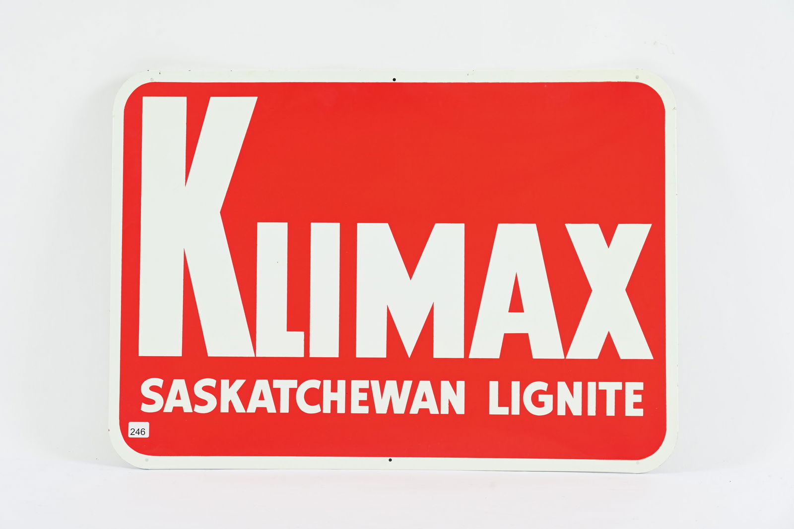 KLIMAX SASKATCHEWAN LIGNITE TIN SIGN: KLIMAX SASKATCHEWAN LIGNITE TIN SIGN NOT MARKED NEW OLD STOCK CONDITION 27.5"X19.5" *ALL ITEMS GUARANTEED AUTHENTIC BY SHACKELTON AUCTIONS UNLESS OTHERWISE SPECIFIED