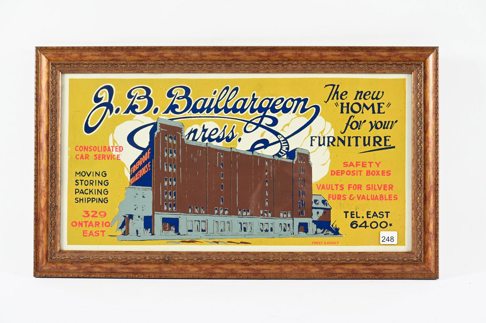 FRAMED J.B. BAILLARGEON EXPRESS PAPER ADVERTISMENT: FRAMED J.B. BAILLARGEON EXPRESS PAPER ADVERTISMENT CONSOLIDATED CAR SERVICE MOVING, STORING, PACKING, SHIPPING MARKED PREST O CRAFT GOOD CONDITION 24"X14" *ALL ITEMS GUARANTEED AUTHENTIC BY