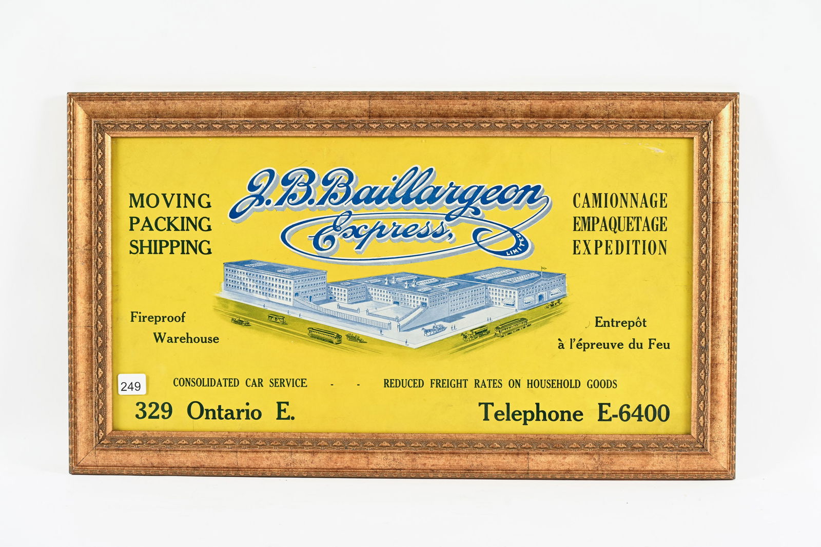 FRAMED J.B. BAILLARGEON EXPRESS PAPER ADVERTISMENT: FRAMED J.B. BAILLARGEON EXPRESS PAPER ADVERTISMENT CONSOLIDATED CAR SERVICE MOVING, PACKING, SHIPPING GOOD CONDITION 24"X14" *ALL ITEMS GUARANTEED AUTHENTIC BY SHACKELTON AUCTIONS UNLESS