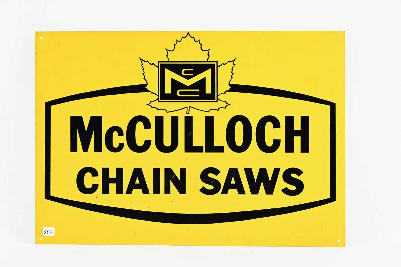 MCCULLOCH CHAIN SAWS TIN SIGN: MCCULLOCH CHAIN SAWS TIN SIGN NOT MARKED NEW OLD STOCK CONDITION SHOWS SOME MINOR SURFACE STAINING 26"X18" *ALL ITEMS GUARANTEED AUTHENTIC BY SHACKELTON AUCTIONS UNLESS OTHERWISE SPECIFIED