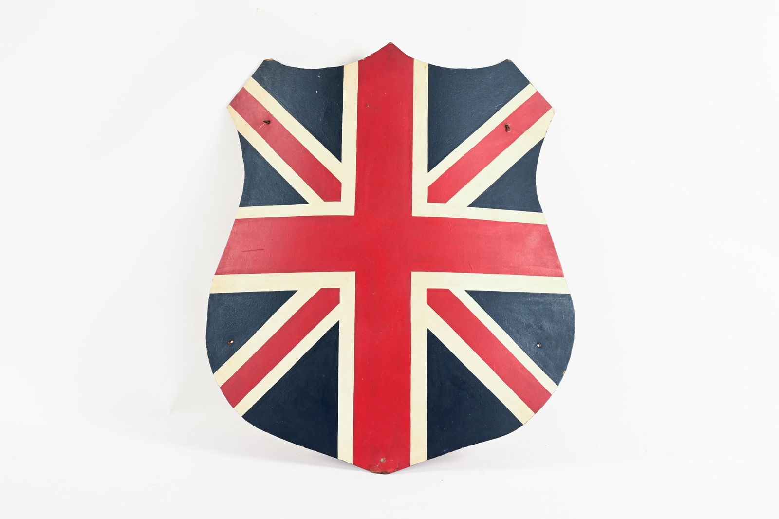 1950'S UNION JACK MASONITE SHIELD: 1950'S UNION JACK MASONITE SHIELD HAND PAINTED SHOWS SOME WEAR AND SOFT CORNERS 24"X28"