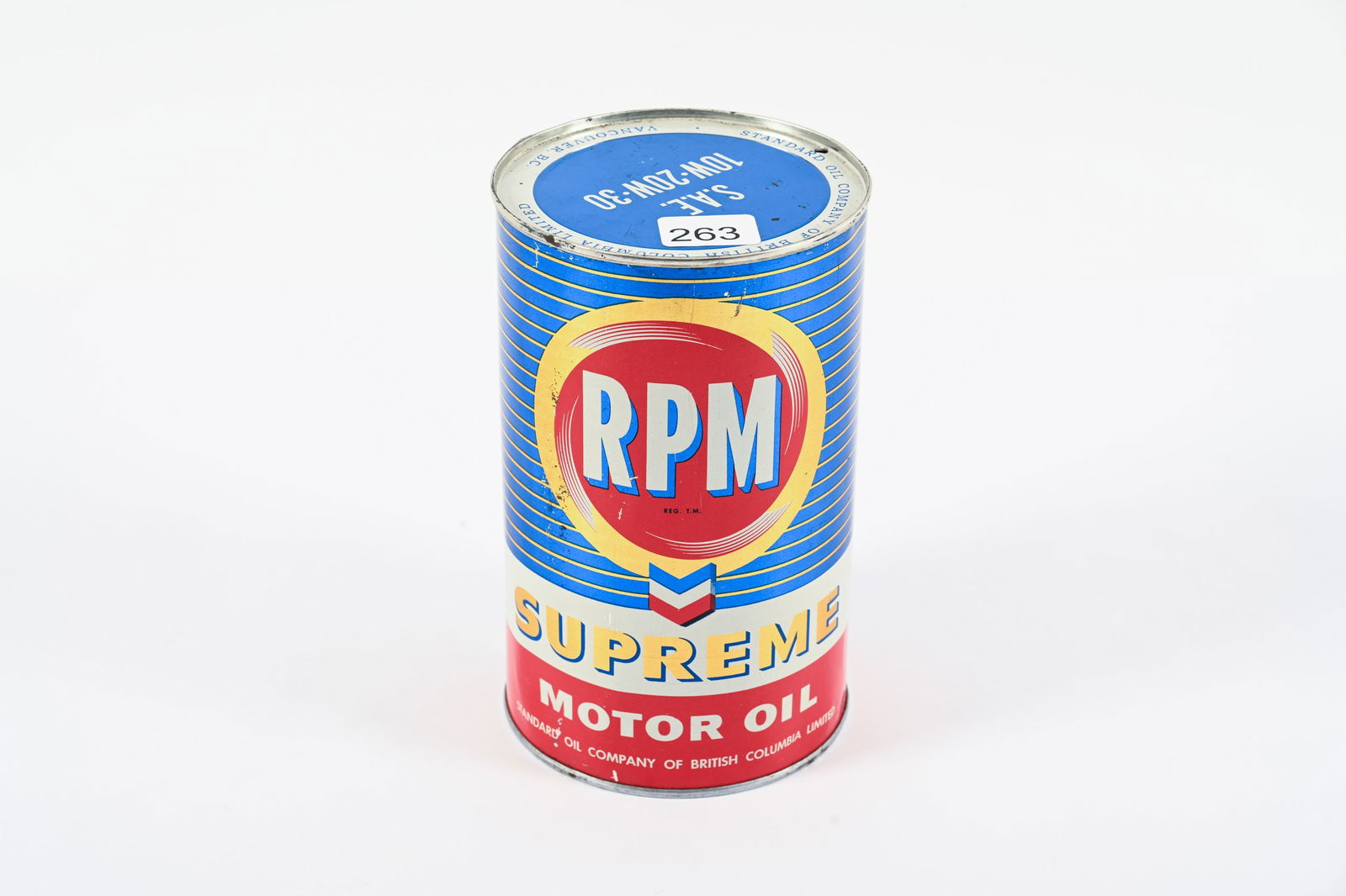 RPM SUPREME MOTOR OIL IMPERIAL QUART CAN: RPM SUPREME MOTOR OIL IMPERIAL QUART CAN STANDARD OIL COMPANY OF BRITISH COLUMBIA LIMITED SHOWS MINOR WEAR AND DENTING