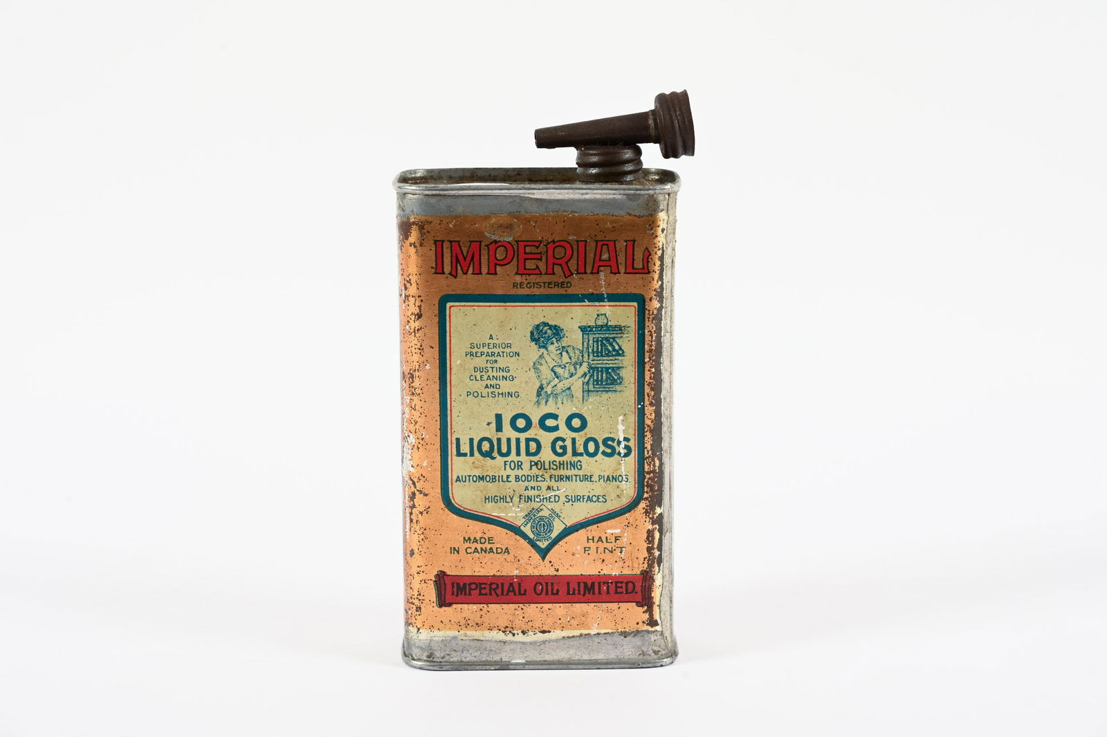 EARLY IMPERIAL IOCO LIQUID GLOSS HALF PINT CAN: EARLY IMPERIAL IOCO LIQUID GLOSS HALF PINT CAN IMPERIAL OIL LIMITED SHOW SOME SURFACE WEAR AND PAINT LOSS THROUGHOUT