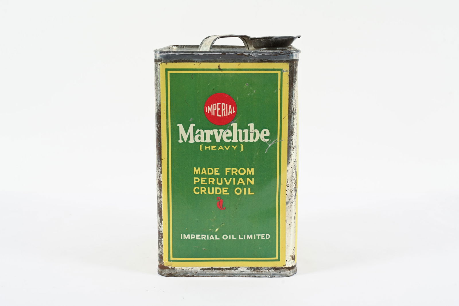 IMPERIAL RED BALL MARVELUBE MOTOR OIL IMP GAL CAN: IMPERIAL RED BALL MARVELUBE "HEAVY" MOTOR OIL IMPERIAL GALLON CAN IMPERIAL OIL LIMITED OVERALL GOOD CONDITION SHOWS SOME WEAR, PAINT LOSS AND MINOR DENTING