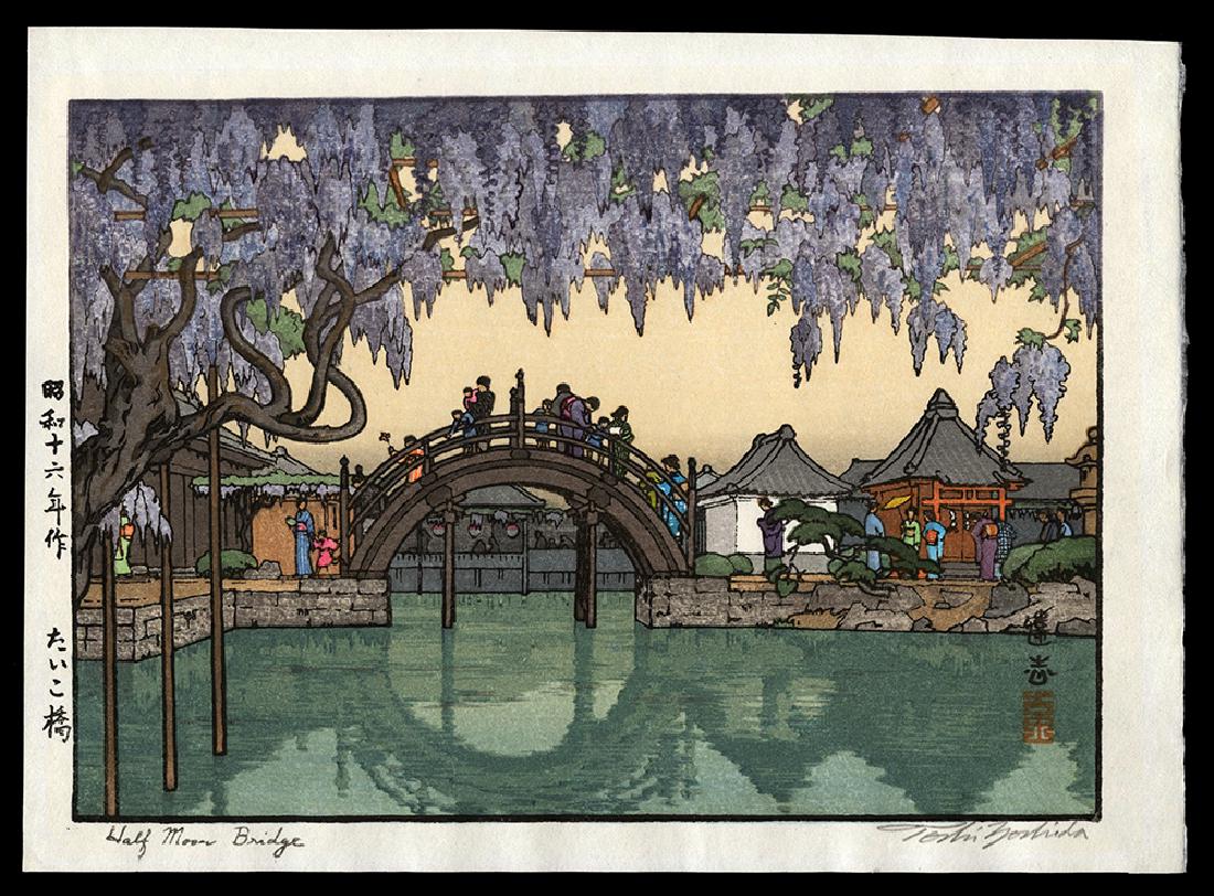 Toshi Yoshida - Woodblock: Artist: Yoshida, Toshi, 1911-1995 Title: Half Moon Bridge Date: 1941 Medium: woodblock Dimensions: 6 1/2 x 9 3/8 inches Notes: Pencil signature Estimate: