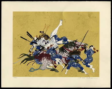 Hideo Takeda - Japanese Print: Artist: Takeda, Hideo, b. 1948 Title: Death of Kiso Yosinaka Series: AP Date: c. 1980s Medium: silkscreen Dimensions: 15 1/2 x 20 5/8 inches Notes: Trial