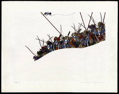 Hideo Takeda - Japanese Print: Artist: Takeda, Hideo, b. 1948 Title: Raising of Arms by Miramoto Yoritomo Series: AP Date: c. 1980s Medium: silkscreen Dimensions: 16 x 21 inches Notes: