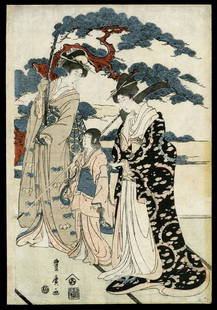 Utagawa Toyohiro - Japanese Print: Artist: Toyohiro, Utagawa, 1773-1828 Title: Two Courtesan and an Attendant Date: c, 1780s Medium: woodblock Dimensions: 14 1/4 x 9 1/4 inches Notes: Sheet from a tripty