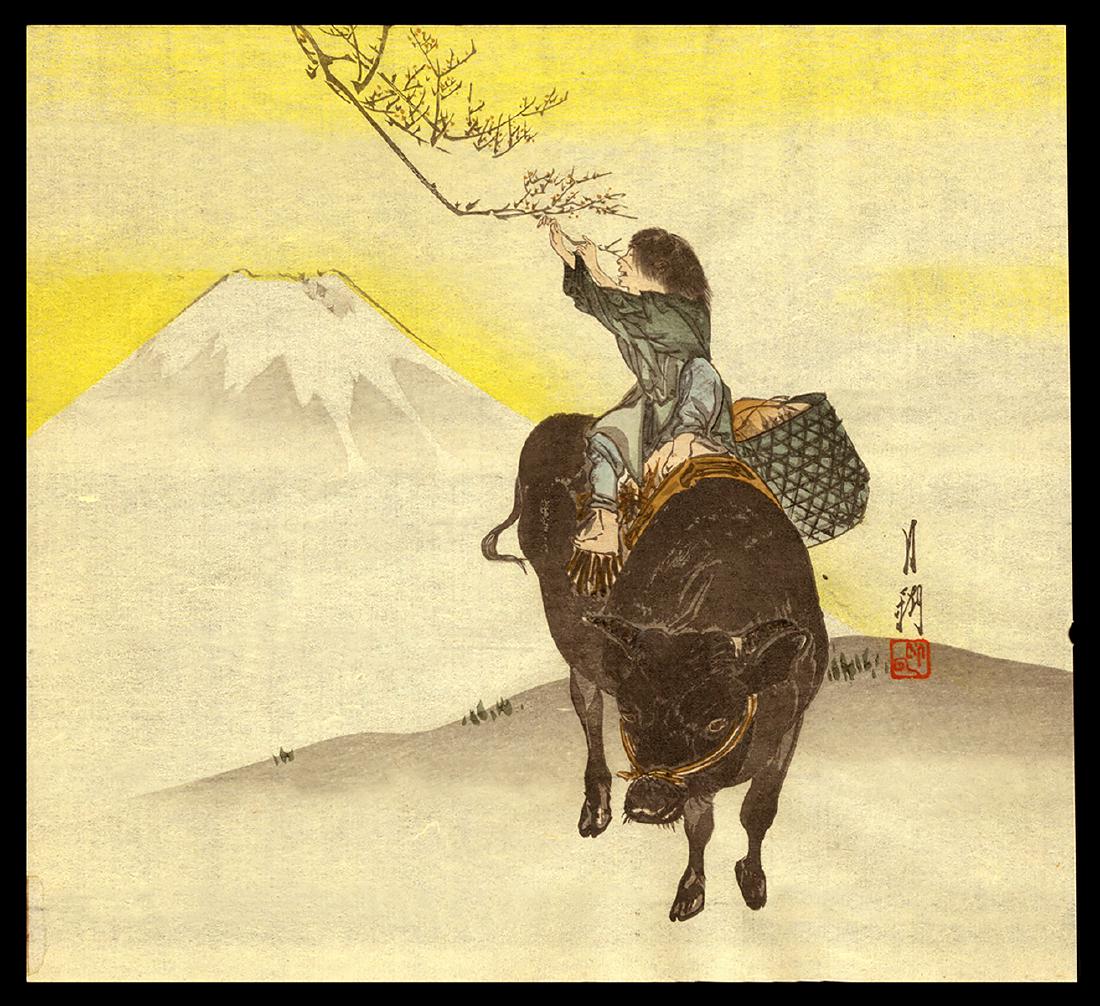 Ogata Gekko - Japanese Woodblock Print: Artist: Gekko, Ogata, 1859-1920 Title: Boy and Ox Near Mt. Fuji Date: c. 1910 Medium: woodblock Dimensions: 8 7/8 x 9 3/4 inches