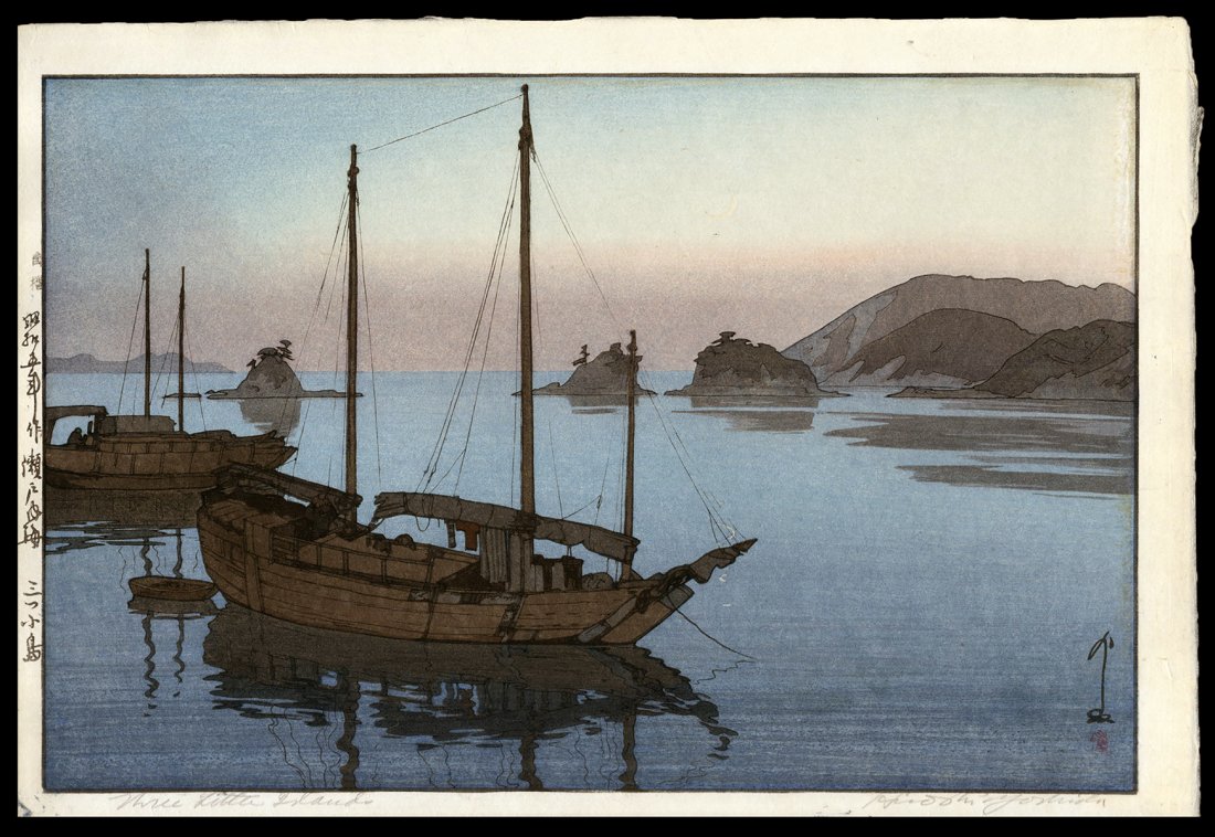 Hiroshi Yoshida - Japanese Woodblock Print: Artist: Yoshida, Hiroshi, 1876-1950 Title: Three Little Islands Series: Inland Sea Second Date: 1930 Medium: woodblock Dimensions: 9 1/2 x 14 1/2 inches Ill