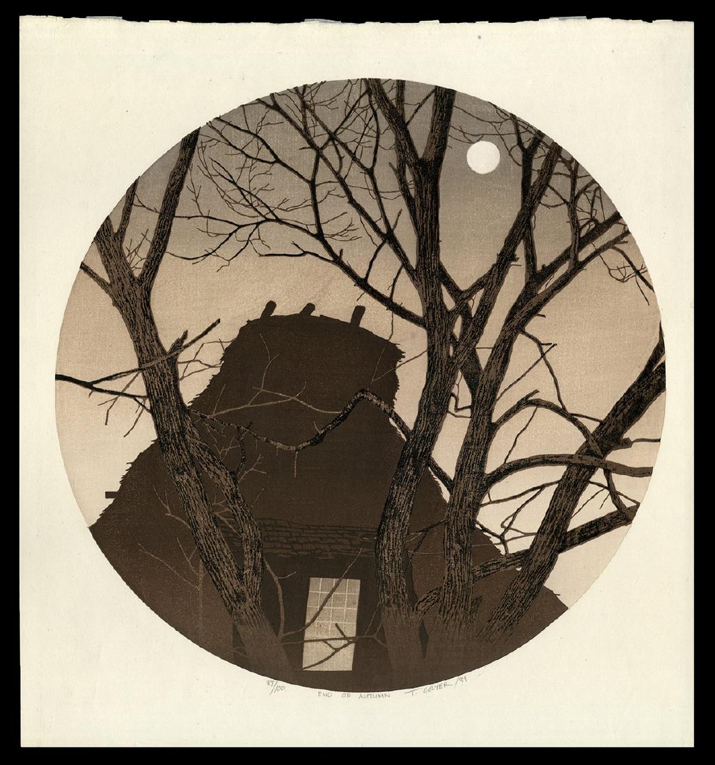 Ted Colyer - Japanese Woodblock Print: Artist: Colyer, Ted, b. 1947 Title: End of Autumn Edition: 87/100 Date: 1981 Medium: woodblock Dimensions: 16 3/4 x 16 3/4 inches Notes: Dimensions shown
