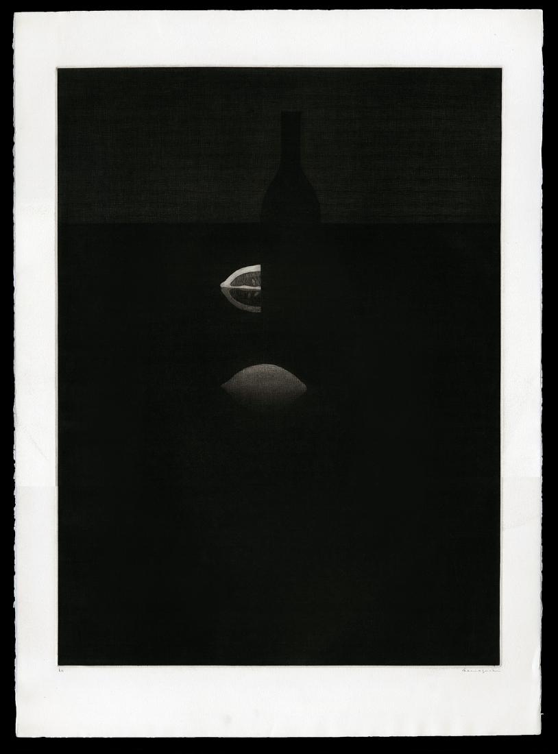Yozo Hamaguchi - Japanese Print: Artist: Hamaguchi, Yozo, 1909-2000 Title: Bottle with Lemon and Quarter Lemon Edition: HC Date: 1983 Medium: mezzotint Dimensions: 24 5/8 x 18 3/4 inches Ill