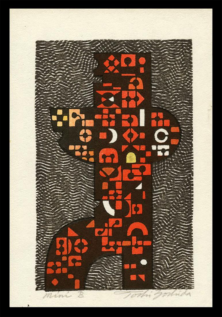 Toshi Yoshida - Japanese Woodblock Print: Artist: Yoshida, Toshi, 1911-1995 Title: Mini B Date: 1968 Medium: woodblock Dimensions: 5 3/8 x 3 3/8 inches Notes: Pencil signed