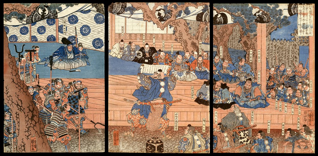 Utagawa Kuniyoshi - Japanese Woodblock Triptych: Artist: Kuniyoshi, Utagawa, 1798-1861 Title: At the Ataka Checkpoint in Kaga Province Date: c. 1843 Medium: woodblock Dimensions: 14 3/8 x 28 1/4 inches Notes: Dimensio