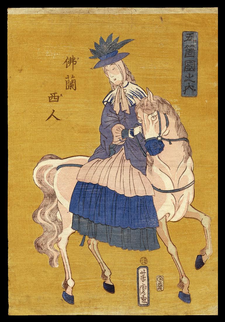 Utagawa Yoshitora - Japanese Woodblock Yokohama Print: Artist: Yoshitora, Utagawa, fl. 1850-1880 Title: French Lady on Horseback Date: 1861 Medium: woodblock Dimensions: 13 7/8 x 9 3/4 inches