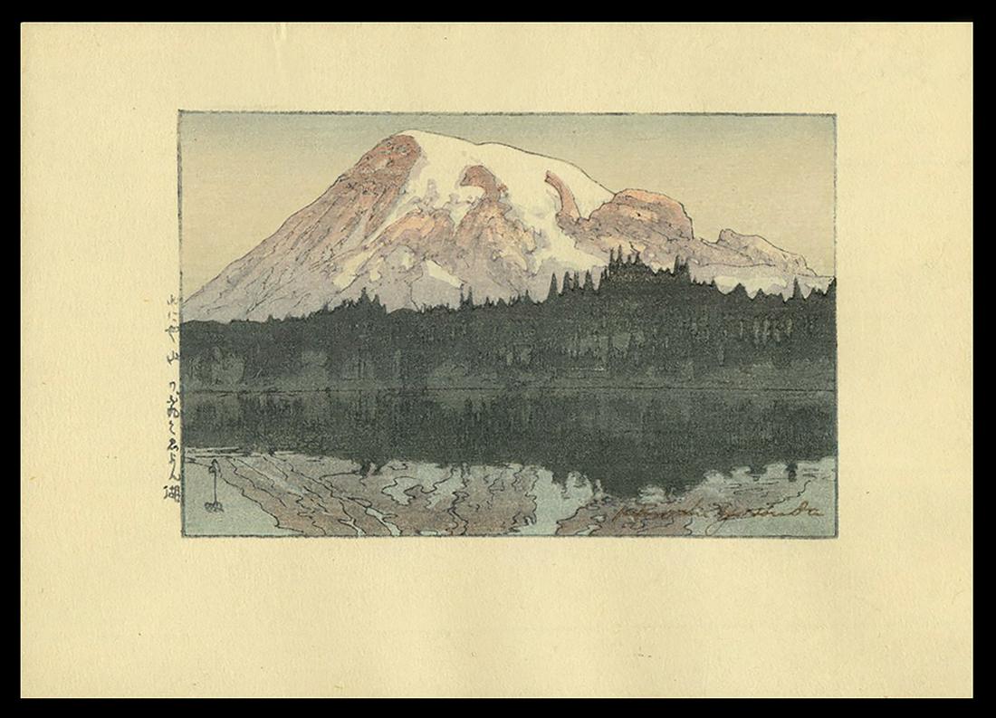 Hiroshi Yoshida - Japanese Woodblock Print: Artist: Yoshida, Hiroshi, 1876-1950 Title: Reflection Lake Date: 1928 Medium: woodblock Dimensions: 3 1/4 x 5 inches Illustrated: Abe, pl.110 Notes: Post