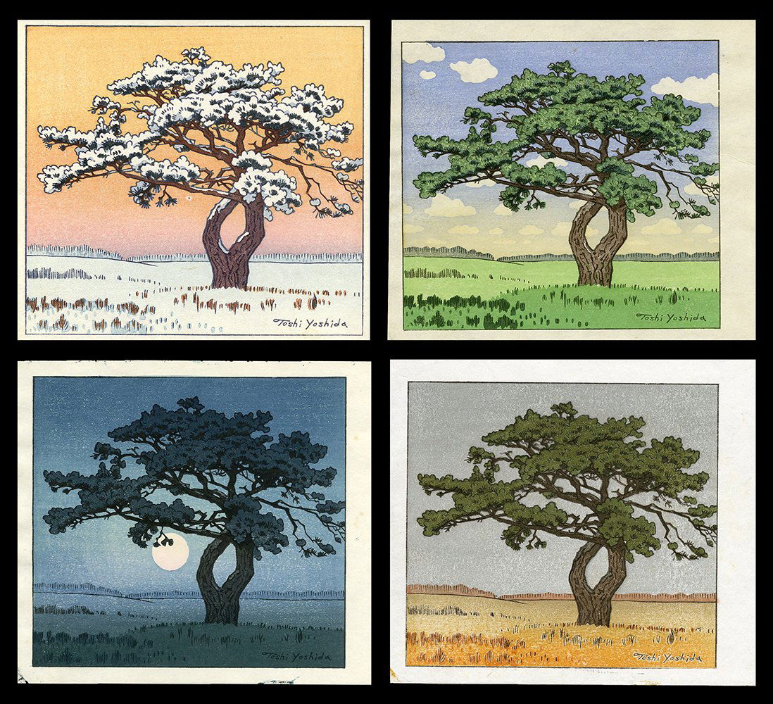 Toshi Yoshida - Japanese Woodblock Print Set: Artist: Yoshida, Toshi, 1911-1995 Title: Four Seasons of the Oak Tree Date: Undated Medium: woodblock Dimensions: 5 3/4 x 6 inches Notes: This set of four prints showin