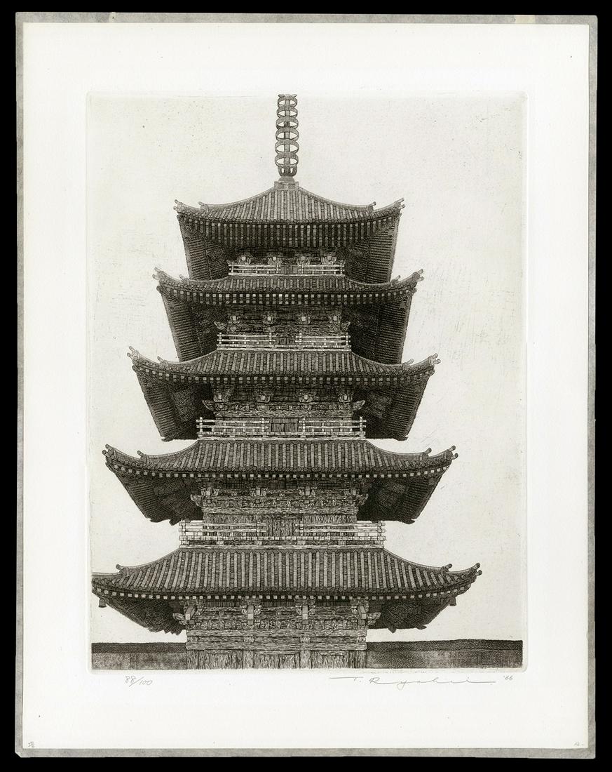 Ryohei Tanaka - 1966 Japanese Etching and Aquatint: Artist: Tanaka, Ryohei, b.1933 Title: Pagoda (Toji) Edition: 88/100 Date: 1966 Medium: etching and aquatint Dimensions: 14 x 10 1/2 inches Illustrated: R