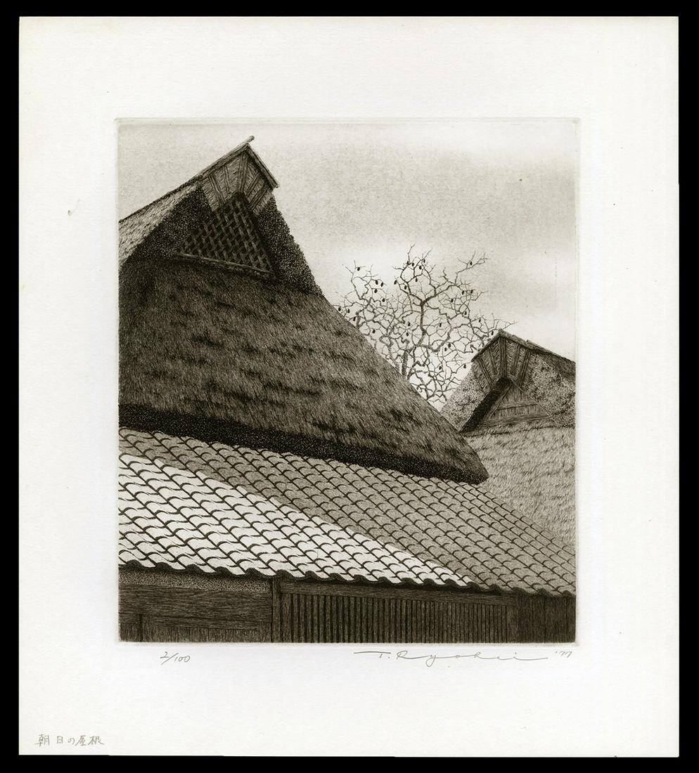 Ryohei Tanaka - 1977 Japanese Etching and Aquatint: Artist: Tanaka, Ryohei, b.1933 Title: Morning Roofs Edition: 2/100 Date: 1977 Medium: etching and aquatint Dimensions: 9 3/8 x 8 1/4 inches Illustrated: