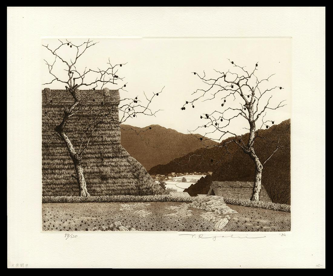 Ryohei Tanaka - 1982 Japanese Etching and Aquatint: Artist: Tanaka, Ryohei, b.1933 Title: Quiet Day in Ohara No. 1 Edition: 98/120 Date: 1982 Medium: etching and aquatint Dimensions: 10 1/2 x 13 3/8 inches Ill