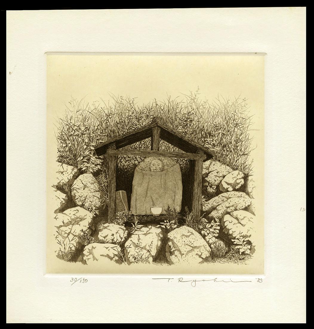Ryohei Tanaka - 1983 Japanese Etching and Aquatint: Artist: Tanaka, Ryohei, b.1933 Title: Stone Buddha No.2 Edition: 30/150 Date: 1983 Medium: etching and aquatint Dimensions: 7 1/4 x 7 1/4 inches Illustrated: