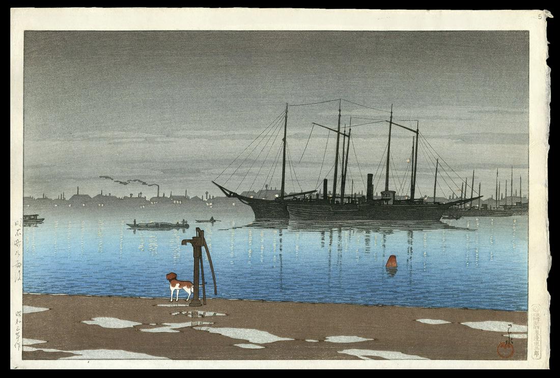 Kawase Hasui - Japanese Woodblock Print: Artist: Hasui, Kawase, 1883-1957 Title: Akashi-cho after Rain Series: Twenty Views of Tokyo Date: 1928 Medium: woodblock Dimensions: 9 1/4 x 14 1/4 inches Il