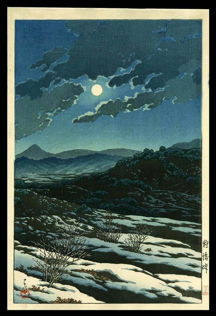Kawase Hasui - Japanese Woodblock Print: Artist: Hasui, Kawase, 1883-1957 Title: Karikachi Mountain Pass Date: c. 1927 Medium: woodblock Dimensions: 14 1/4 x 9 1/2 inches Illustrated: Hasui, pl. 171