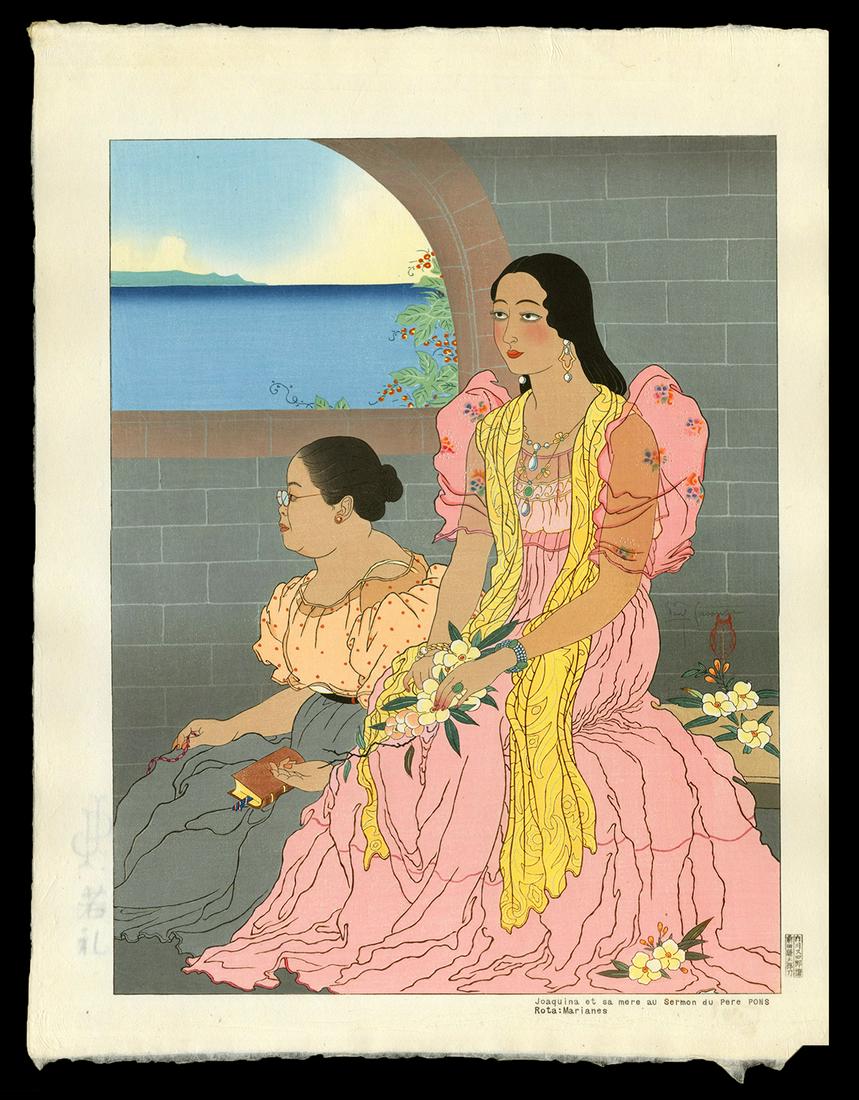 Paul Jacoulet - Japanese Woodblock Print: Artist: Jacoulet, Paul, 1902-1960 Title: Joaquina et sa Mere au Sermon du Pere Pons. Rota: Marianes Edition: 65/250 Date: 1947 Medium: woodblock Dimensions: 15 1/4 x 11