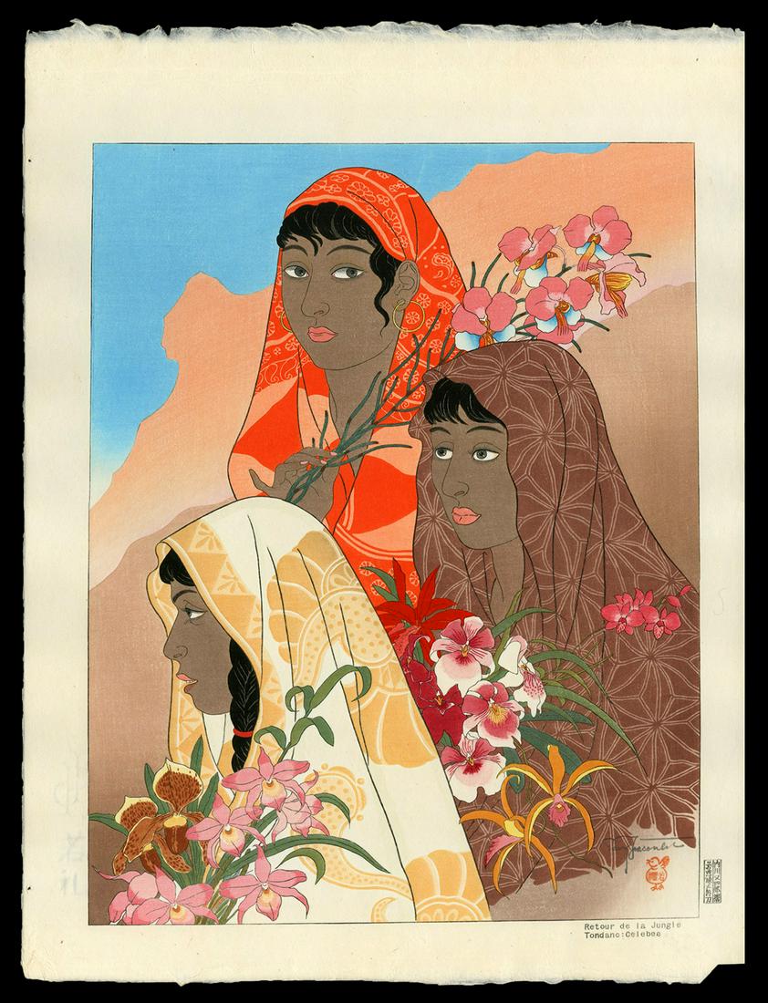 Paul Jacoulet - Japanese Woodblock Print: Artist: Jacoulet, Paul, 1902-1960 Title: Retour De La Jungle. Tondano, Celebes Edition: 165/250 Date: 1948 Medium: woodblock Dimensions: 15 1/4 x 11 7/8 inches