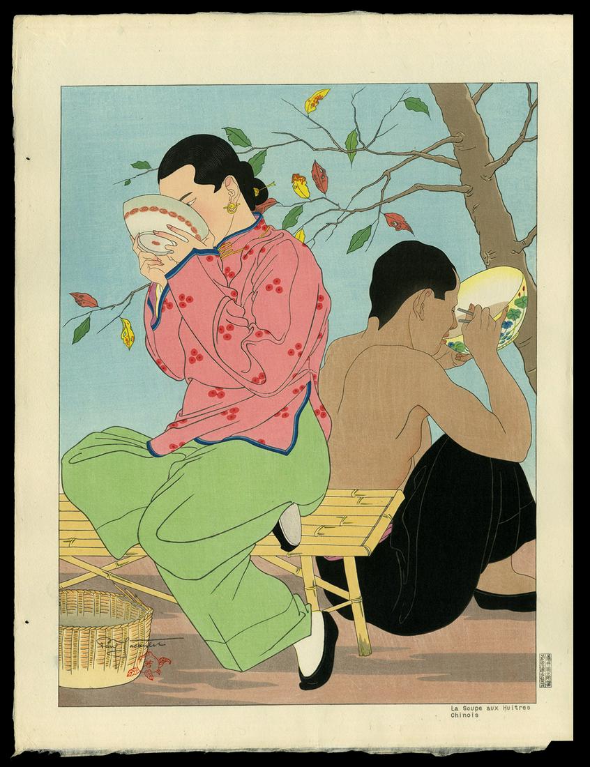 Paul Jacoulet - Japanese Woodblock Print: Artist: Jacoulet, Paul, 1902-1960 Title: La Soupe Aux Huitres. Chinois Edition: 26/350 Date: 1948 Medium: woodblock Dimensions: 15 1/4 x 11 5/8 inches Illust