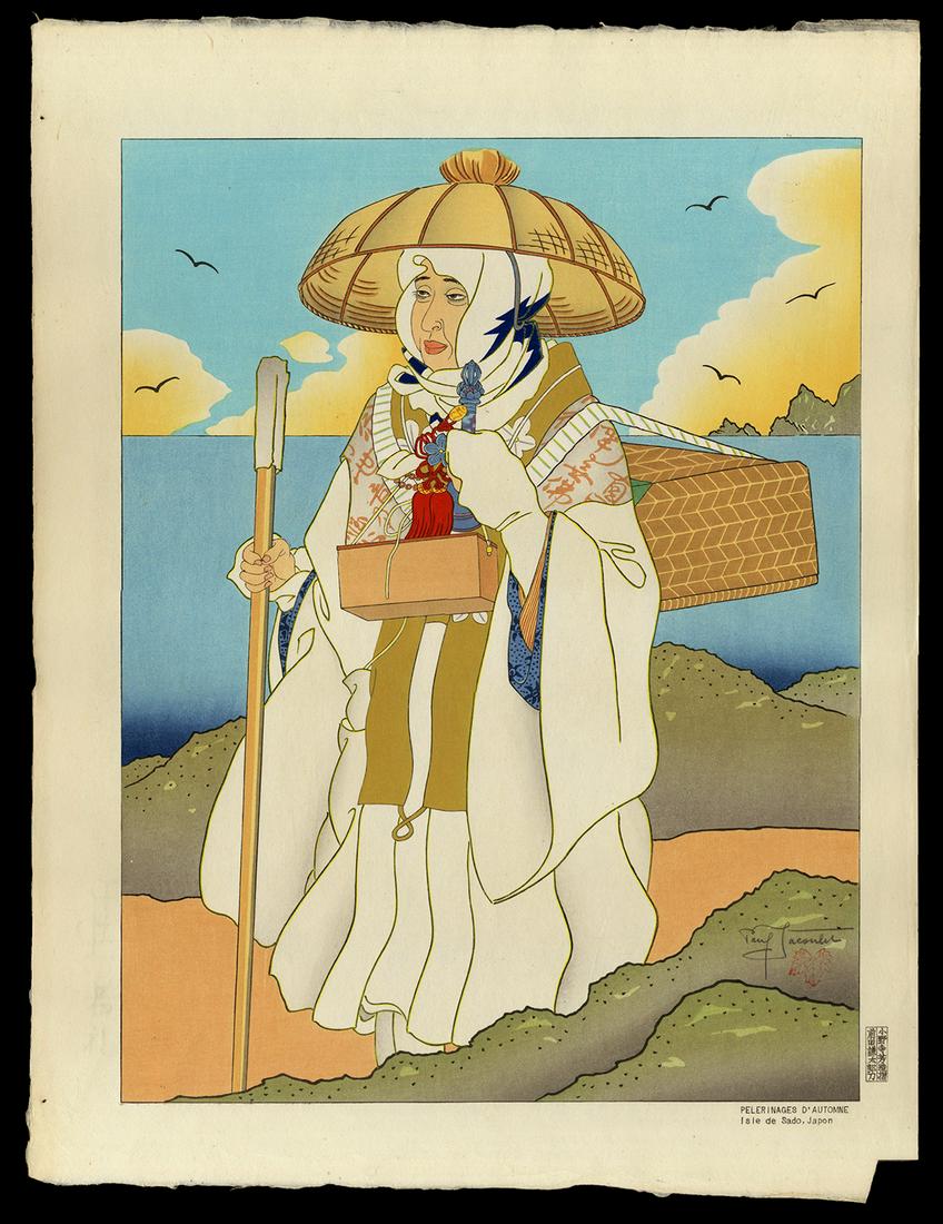 Paul Jacoulet - Japanese Woodblock Print: Artist: Jacoulet, Paul, 1902-1960 Title: Pelerinages D'Automne. Isle De Sado, Japon Edition: 27/350 Date: 1952 Medium: woodblock Dimensions: 15 3/8 x 11 5/8 inches <