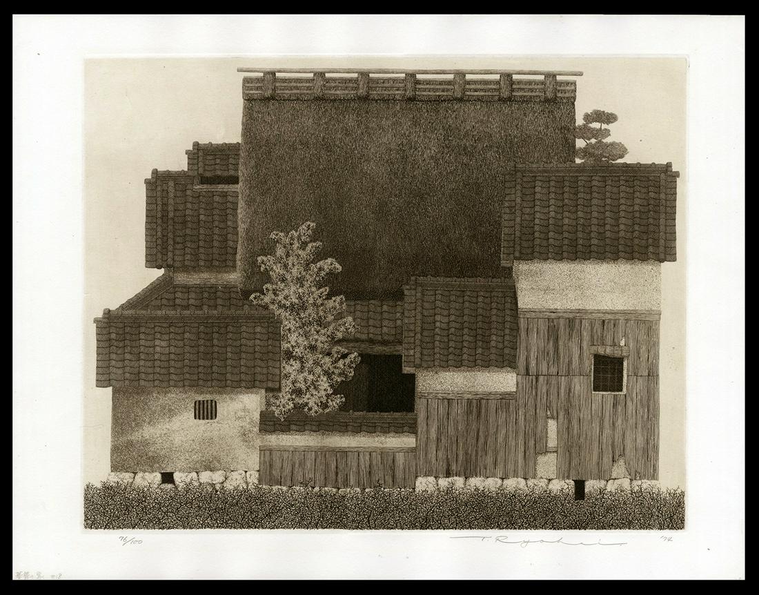 Ryohei Tanaka - Japanese Etching: Artist: Tanaka, Ryohei, b.1933 Title: Thatched Roof No. 18 Edition: 76/100 Date: 1974 Medium: etching and aquatint Dimensions: 11 3/4 x 15 1/8 inches Illustr