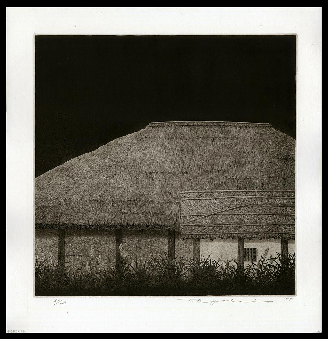 Ryohei Tanaka - Japanese Etching: Artist: Tanaka, Ryohei, b.1933 Title: Thatched Roof (Night) Edition: 61/100 Date: 1975 Medium: etching and aquatint Dimensions: 14 x 13 3/4 inches Illustrate