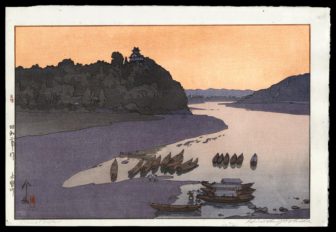 Hiroshi Yoshida - Japanese Woodblock Print: Artist: Yoshida, Hiroshi, 1876-1950 Title: Kiso River Date: 1927 Medium: woodblock Dimensions: 9 5/8 x 14 5/8 inches Illustrated: Abe, pl. 85 Notes: Penc