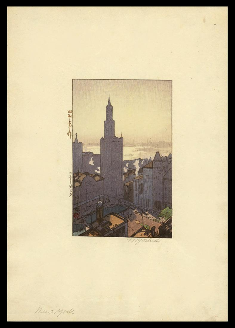 Hiroshi Yoshida - Japanese Woodblock Print: Artist: Yoshida, Hiroshi, 1876-1950 Title: New York Date: 1928 Medium: woodblock Dimensions: 5 x 3 1/8 inches Illustrated: Abe, pl. 111 Notes: Pencil sig