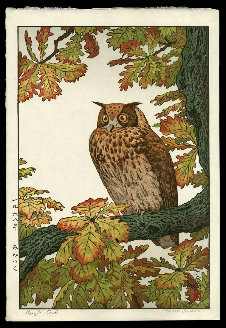Toshi Yoshida - Japanese Woodblock Print: Artist: Yoshida, Toshi, 1911-1995 Title: Eagle Owl Date: 1968 Medium: woodblock Dimensions: 14 1/2 x 9 3/4 inches Notes: Pencil signed; lifetime printing