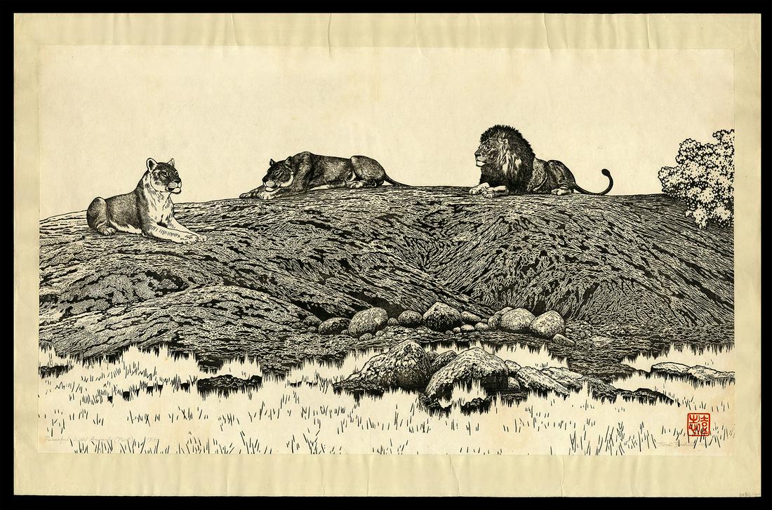 Toshi Yoshida - Japanese Woodblock Print: Artist: Yoshida, Toshi, 1911-1995 Title: Peaceful Wild Animals (Part) Edition: 17/50 Date: 1974 Medium: woodblock Dimensions: 20 3/4 x 35 1/4 inches Notes:</