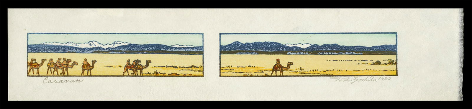 Toshi Yoshida - Japanese Woodblock Print: Artist: Yoshida, Toshi, 1911-1995 Title: Caravan Date: 1982 Medium: woodblock Dimensions: 1 1/4 x 11 1/8 inches Notes: Pencil signed; lifetime printing; dimensions show
