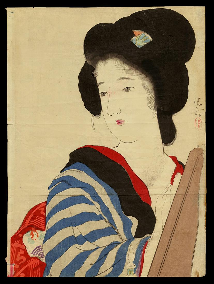 Kaburagi Kiyokata - Japanese Print: Artist: Kiyokata, Kaburagi, 1878-1973 Title: Red Nail Polish Date: 1902 Medium: woodblock Dimensions: 11 3/4 x 8 1/2 inches Notes: This kuchi-e was designed for the nov